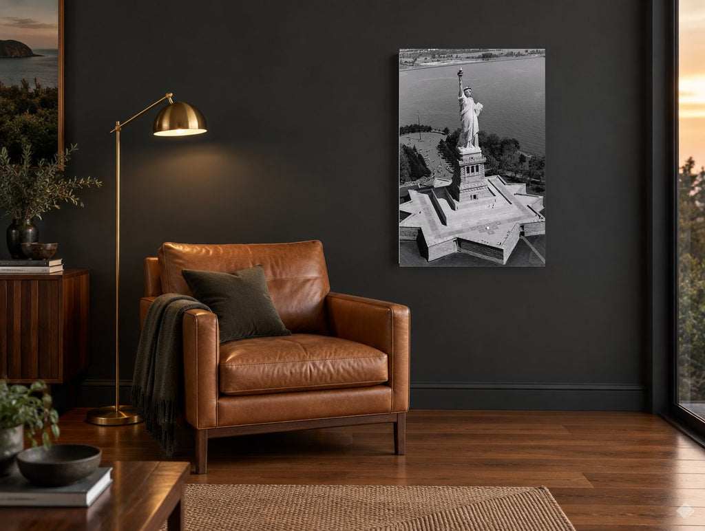 Liberty From Above city canvas print on the wall of a charcoal living room
