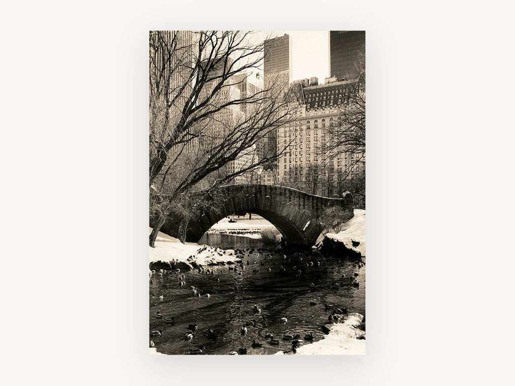 Gapstow Bridge Winter, central park bridge winter sepia photograph, city canvas wall art print, front view