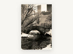 Gapstow Bridge Winter, central park bridge winter sepia photograph, city canvas wall art print, front view