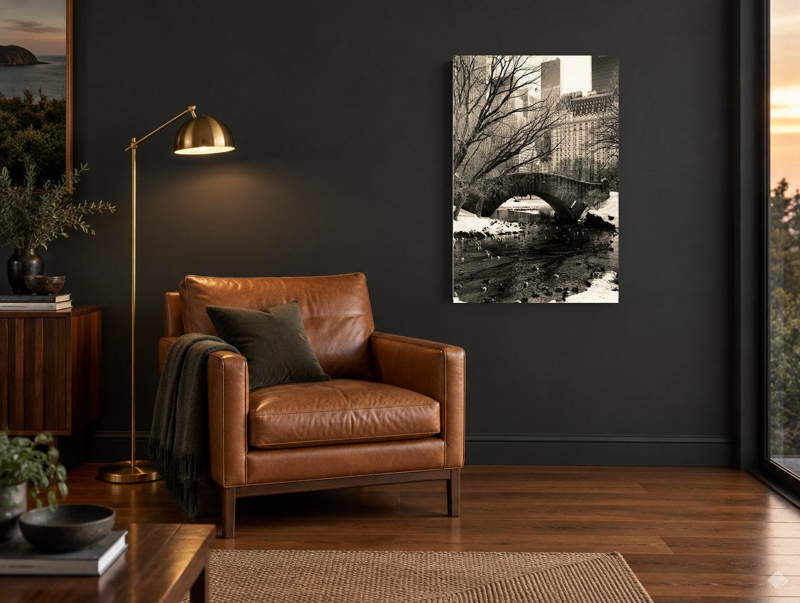 Gapstow Bridge Winter city canvas print on the wall of a charcoal living room