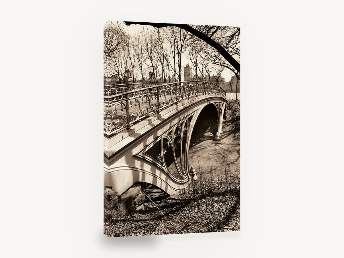 Cast Iron Park Bridge, central park bridge sepia photograph, city canvas wall art print ready to hang