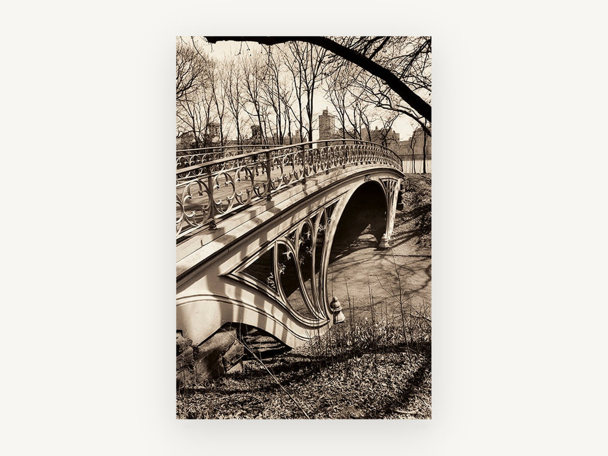 Cast Iron Park Bridge, central park bridge sepia photograph, city canvas wall art print, front view
