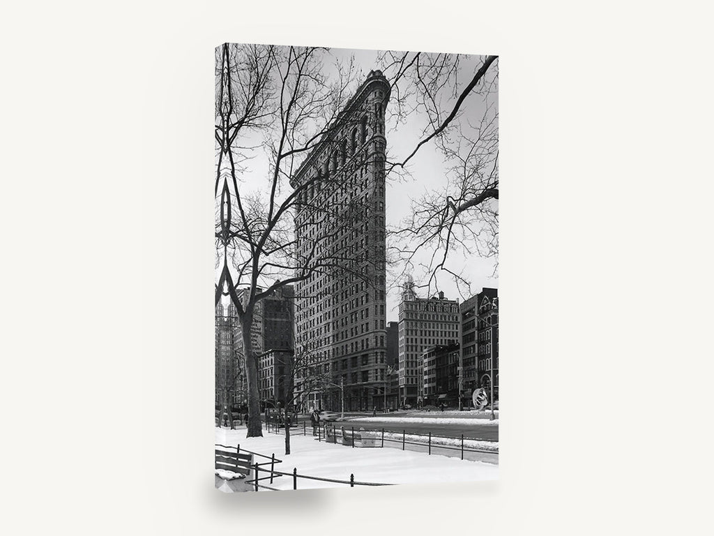 Flatiron in Winter, flatiron building winter black and white photograph, city canvas wall art print ready to hang
