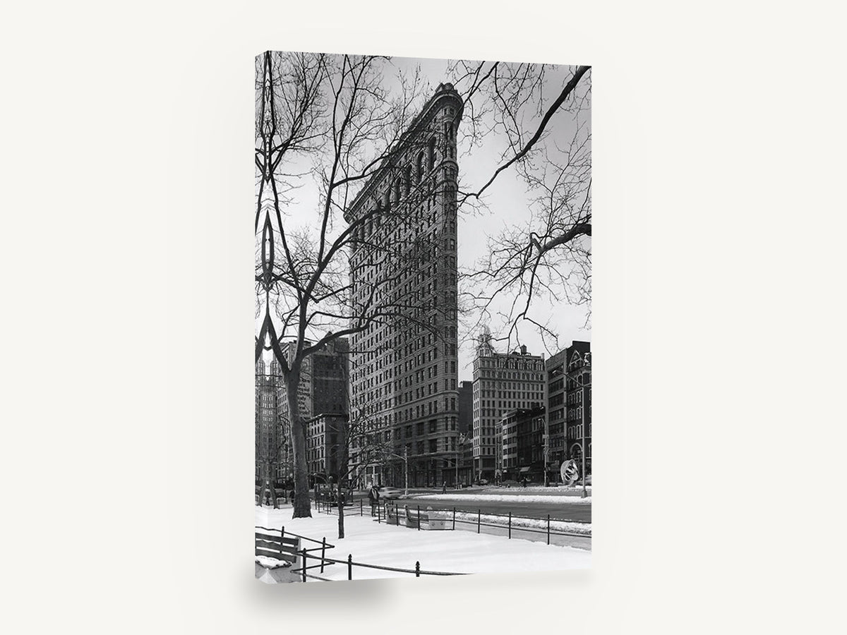 Flatiron in Winter, flatiron building winter black and white photograph, city canvas wall art print ready to hang