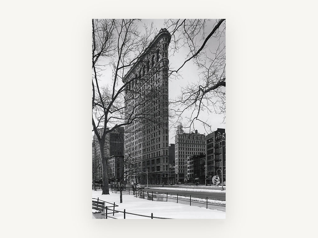 Flatiron in Winter, flatiron building winter black and white photograph, city canvas wall art print, front view
