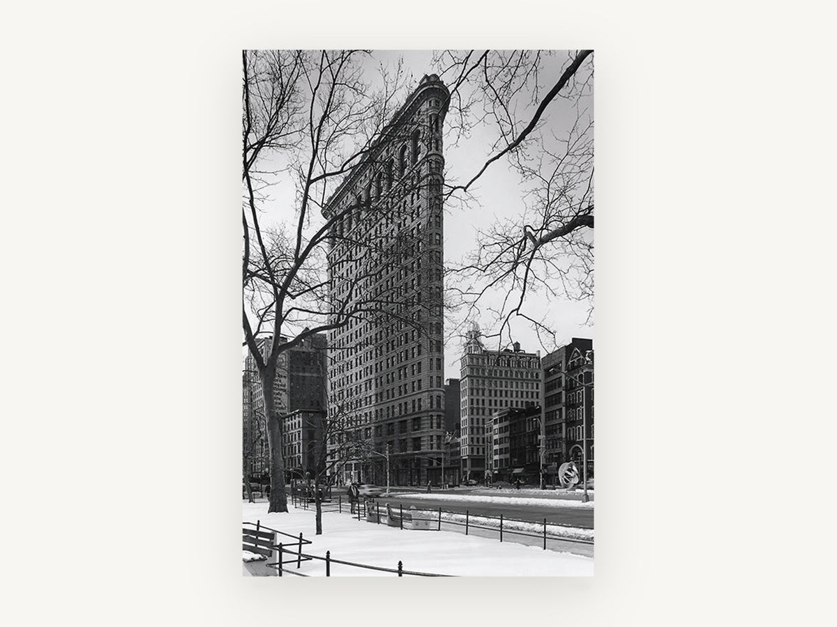 Flatiron in Winter, flatiron building winter black and white photograph, city canvas wall art print, front view