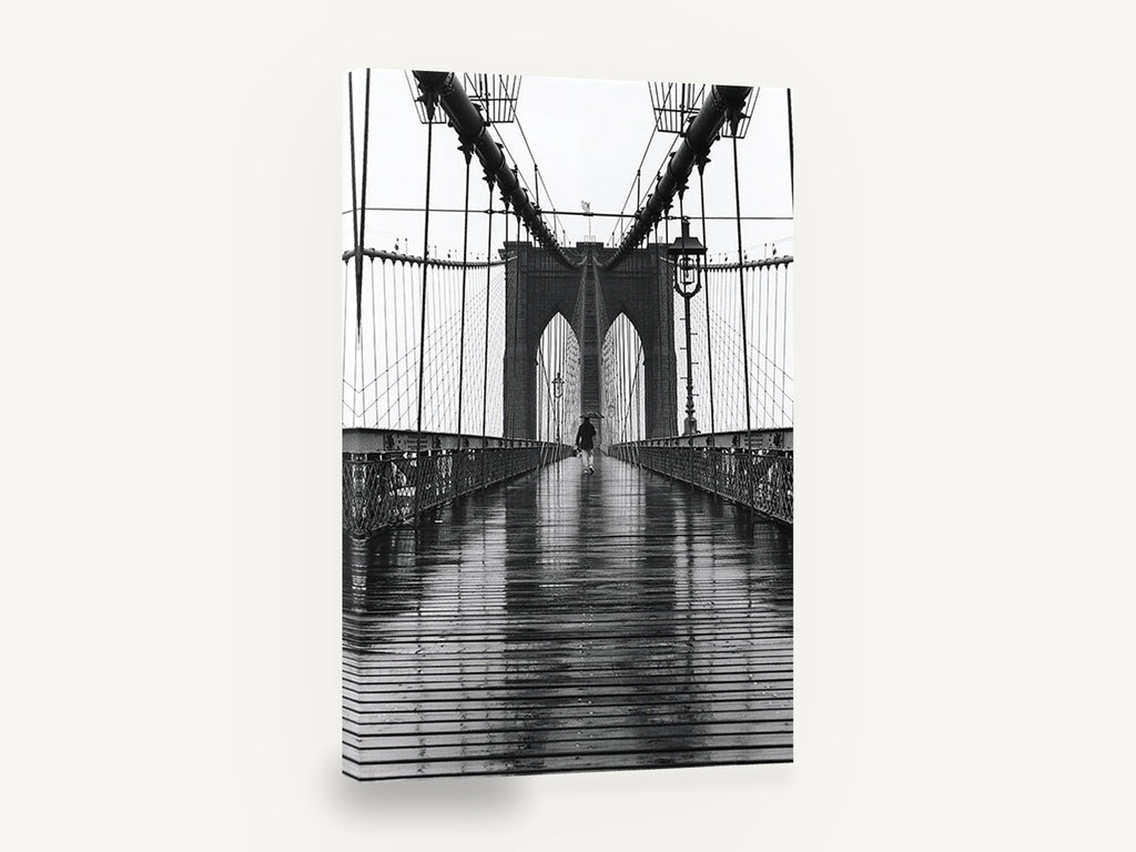 Rainy Day Crossing, brooklyn bridge rain black and white photograph, city canvas wall art print ready to hang