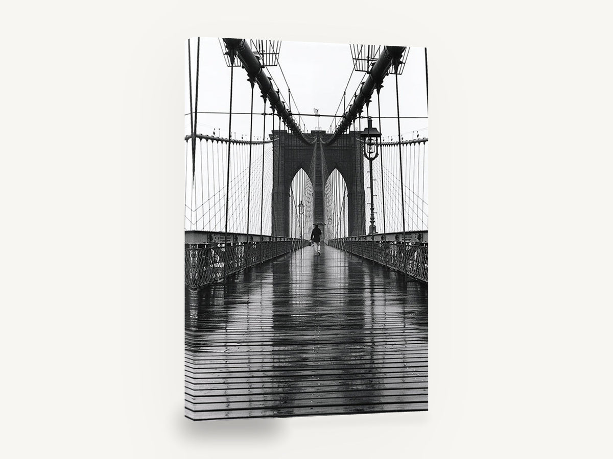 Rainy Day Crossing, brooklyn bridge rain black and white photograph, city canvas wall art print ready to hang