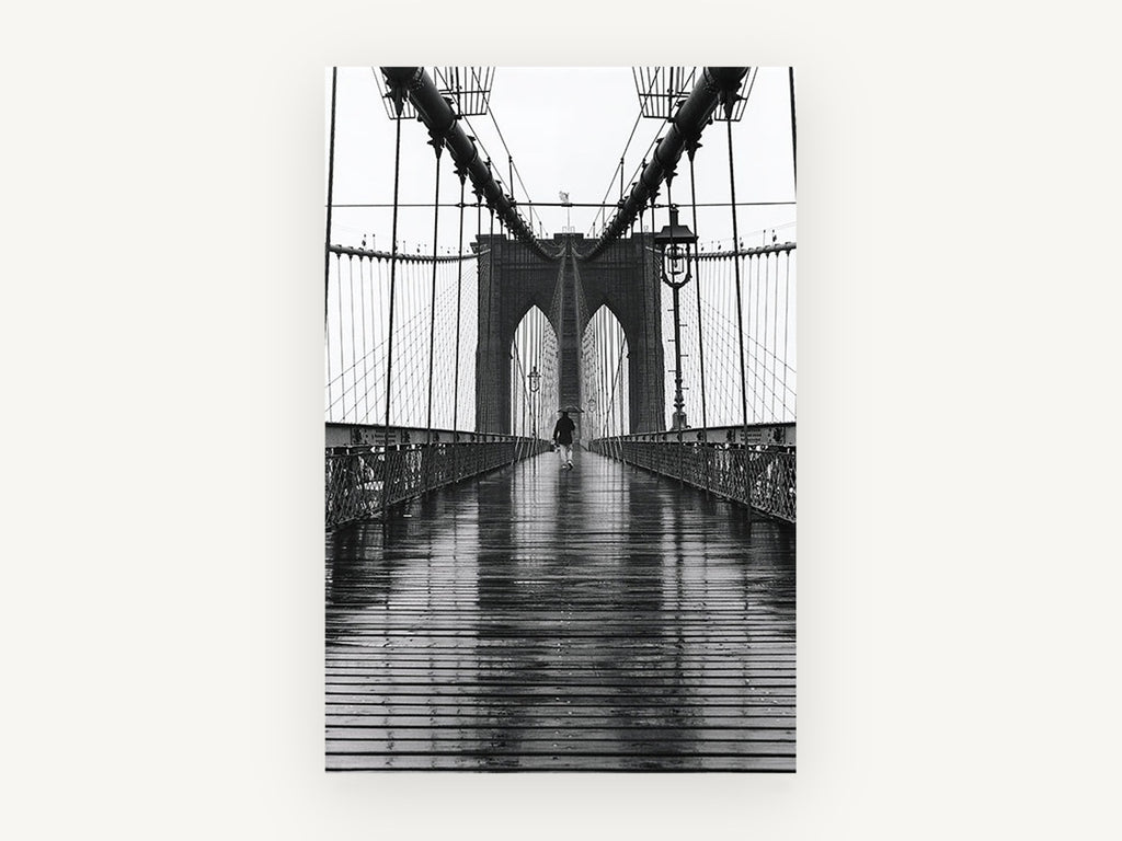 Rainy Day Crossing, brooklyn bridge rain black and white photograph, city canvas wall art print, front view