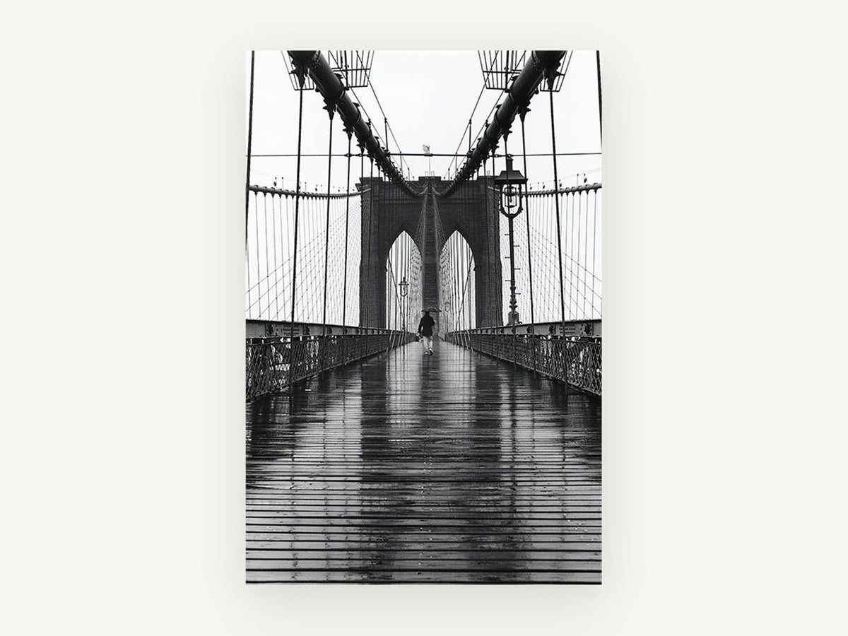 Rainy Day Crossing, brooklyn bridge rain black and white photograph, city canvas wall art print, front view