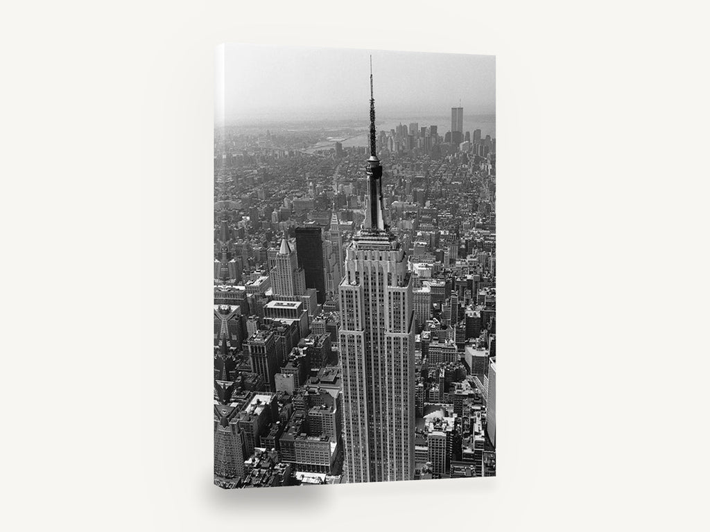 Empire State Aerial, empire state building aerial black and white photograph, city canvas wall art print ready to hang