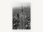 Empire State Aerial, empire state building aerial black and white photograph, city canvas wall art print, front view