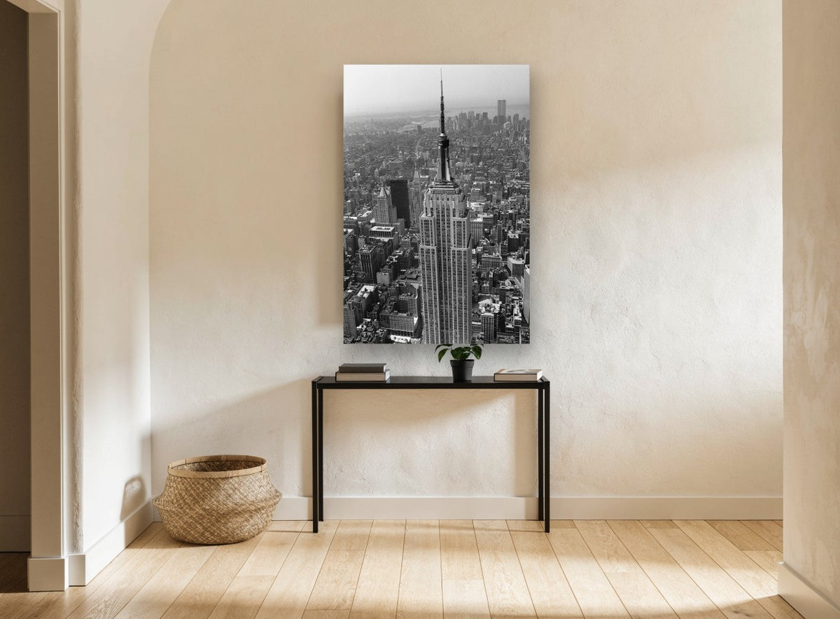 Empire State Aerial city canvas print on the wall of a hallway