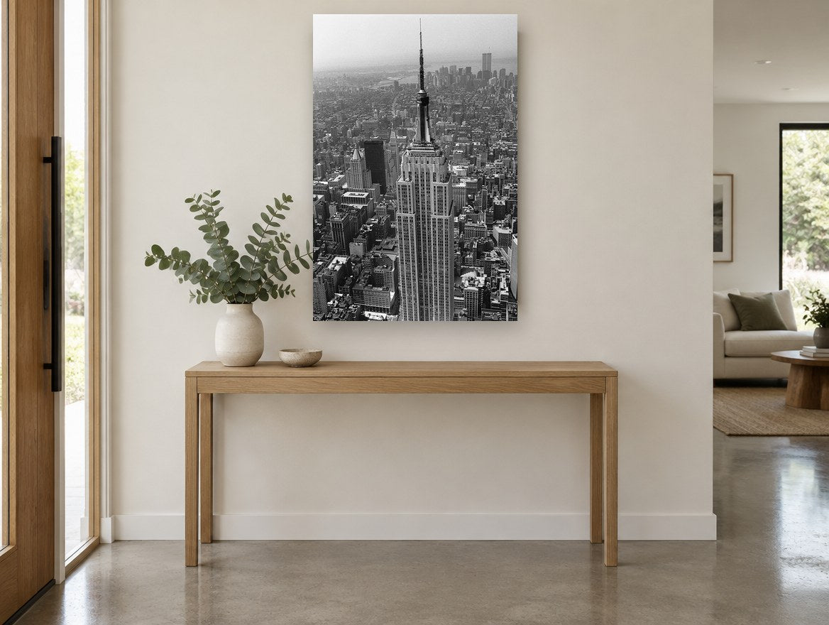 Empire State Aerial city canvas print on the wall of a entry hall