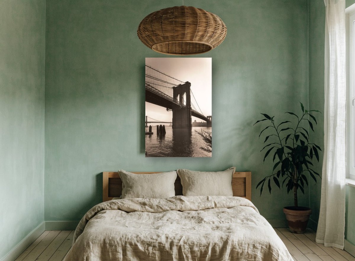 Brooklyn Bridge Sepia Tower city canvas print on the wall of a bedroom