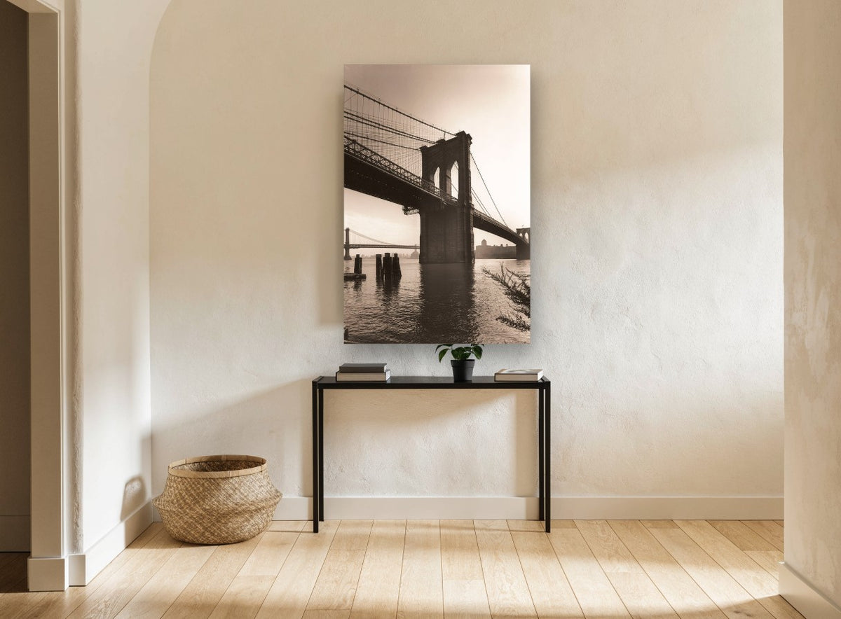 Brooklyn Bridge Sepia Tower city canvas print on the wall of a hallway
