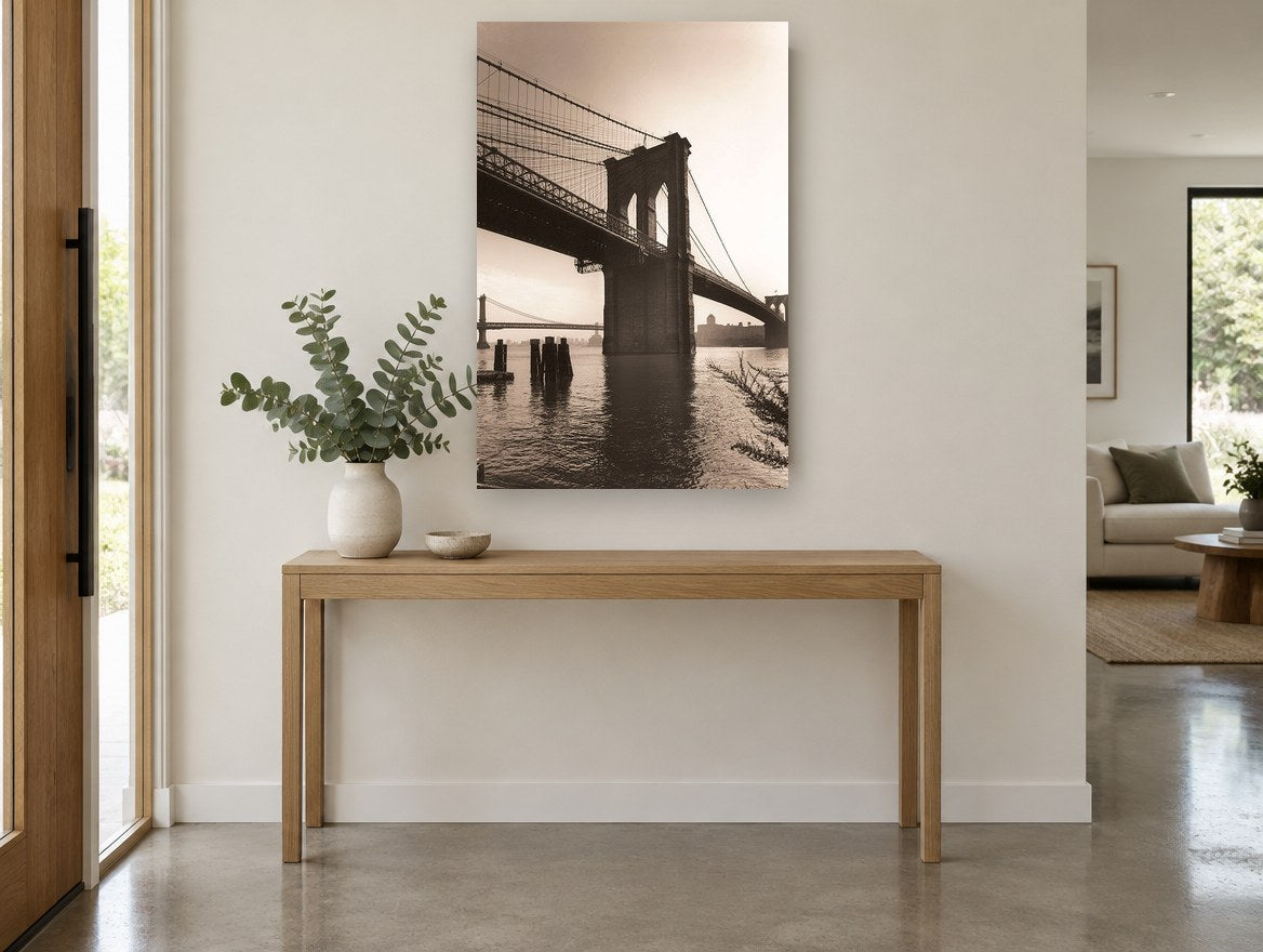 Brooklyn Bridge Sepia Tower city canvas print on the wall of a entry hall