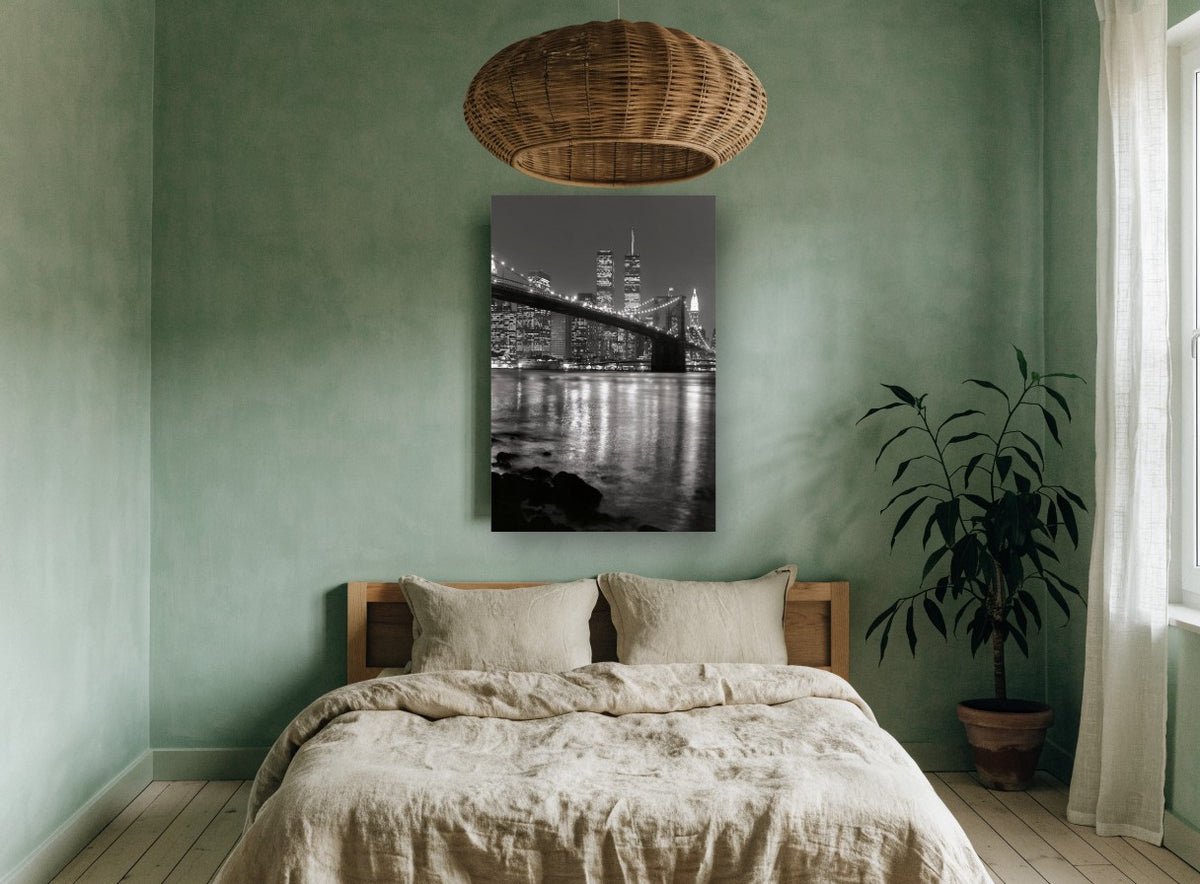 Brooklyn Bridge Night Reflections city canvas print on the wall of a bedroom