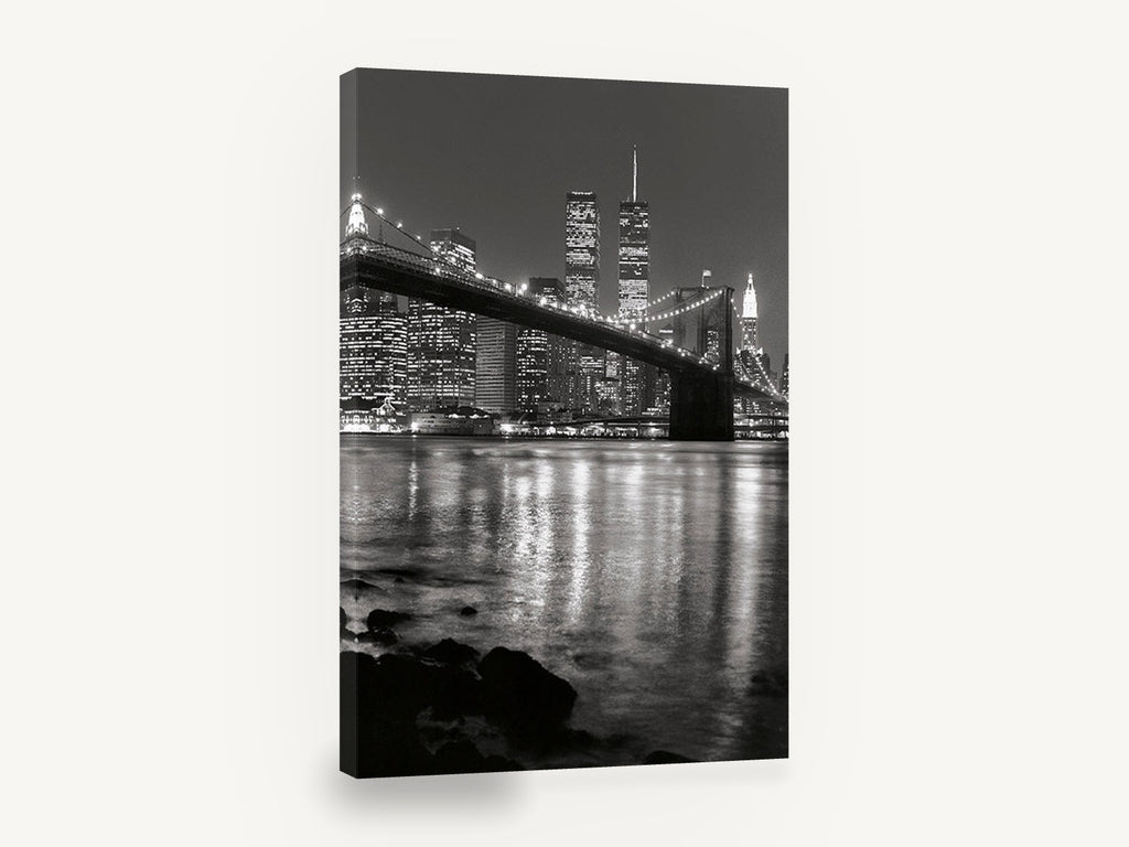 Brooklyn Bridge Night Reflections, brooklyn bridge night black and white photograph, city canvas wall art print ready to hang