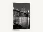 Brooklyn Bridge Night Reflections, brooklyn bridge night black and white photograph, city canvas wall art print ready to hang