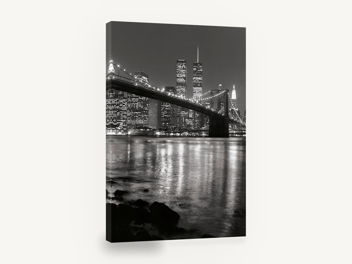 Brooklyn Bridge Night Reflections, brooklyn bridge night black and white photograph, city canvas wall art print ready to hang