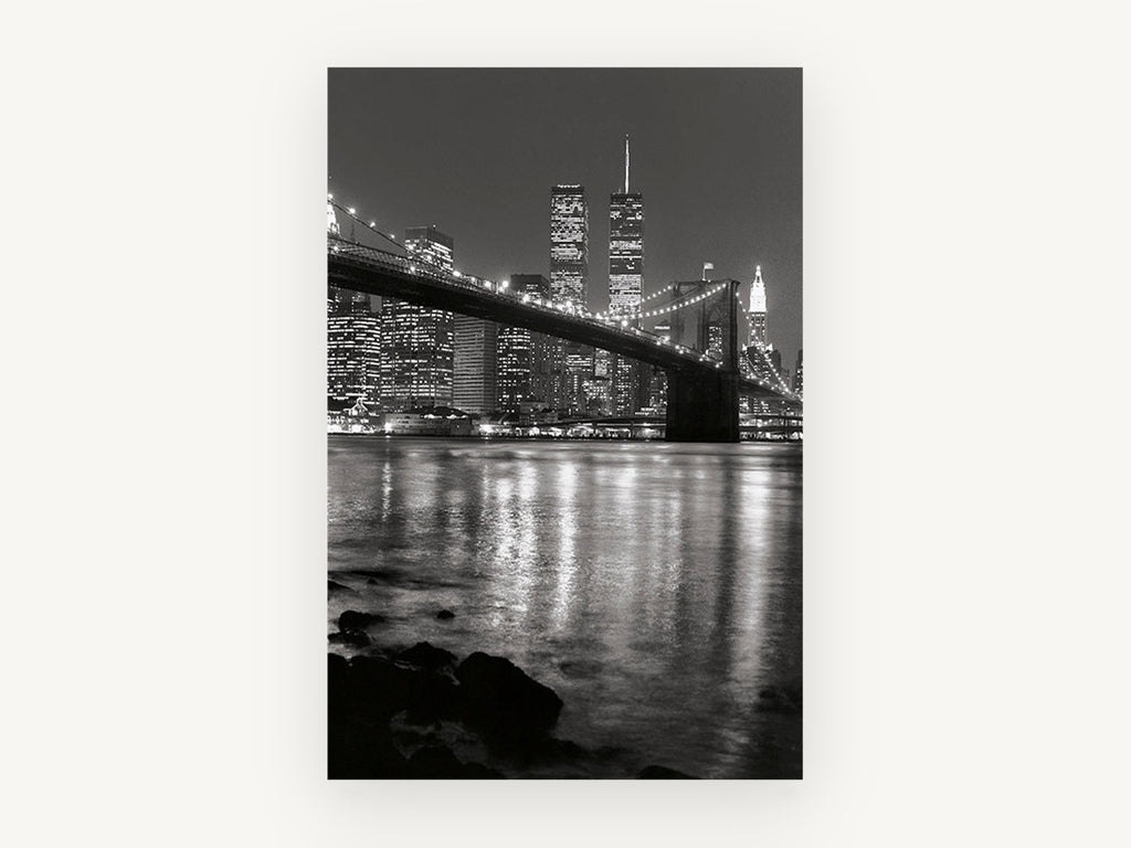 Brooklyn Bridge Night Reflections, brooklyn bridge night black and white photograph, city canvas wall art print, front view