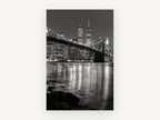 Brooklyn Bridge Night Reflections, brooklyn bridge night black and white photograph, city canvas wall art print, front view