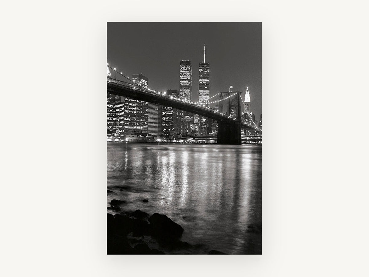 Brooklyn Bridge Night Reflections, brooklyn bridge night black and white photograph, city canvas wall art print, front view