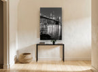Brooklyn Bridge Night Reflections city canvas print on the wall of a hallway