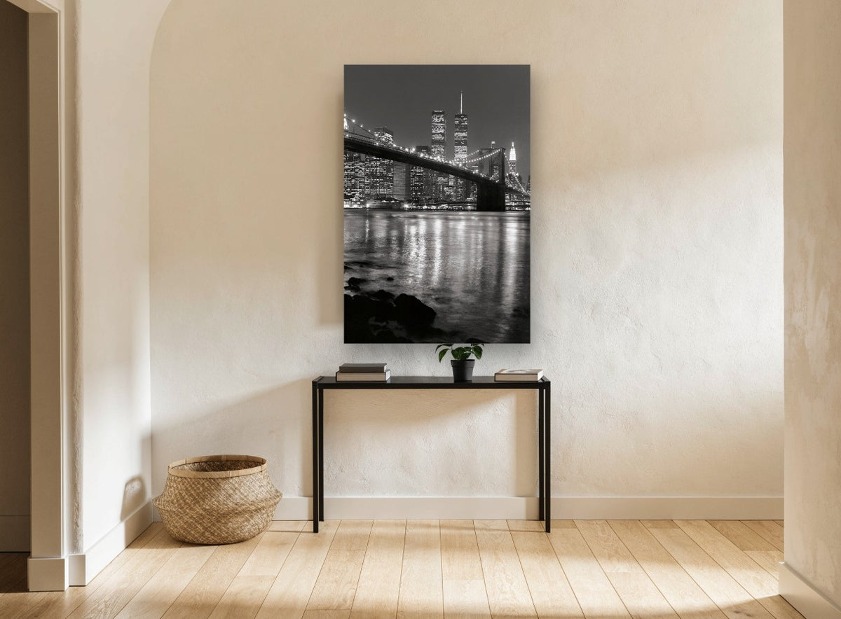 Brooklyn Bridge Night Reflections city canvas print on the wall of a hallway