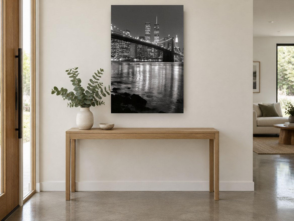 Brooklyn Bridge Night Reflections city canvas print on the wall of a entry hall