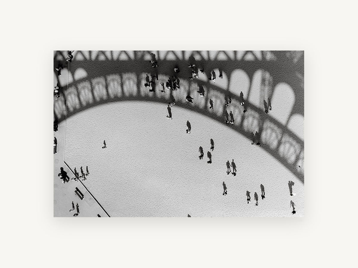 Eiffel Shadow Plaza, eiffel tower shadow black and white photograph, city canvas wall art print, front view