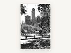 Central Park Carriage Ride, central park horse carriage black and white photograph, city canvas wall art print, front view