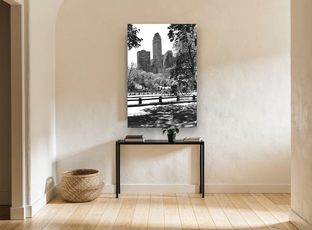 Central Park Carriage Ride city canvas print on the wall of a hallway
