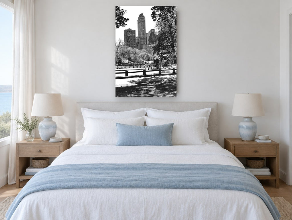 Central Park Carriage Ride city canvas print on the wall of a bedroom