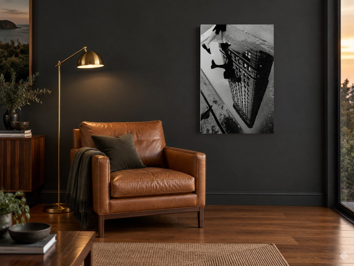 Flatiron Puddle Step city canvas print on the wall of a charcoal living room