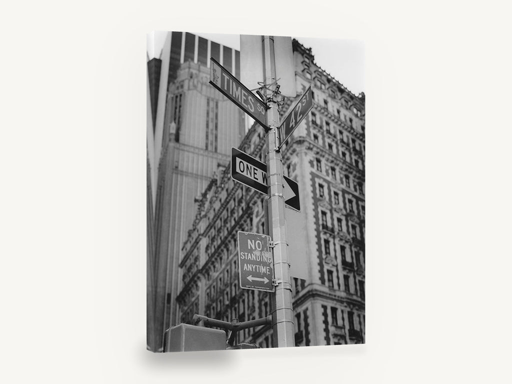 Times Square Corner Signs, times square street signs black and white photograph, city canvas wall art print ready to hang