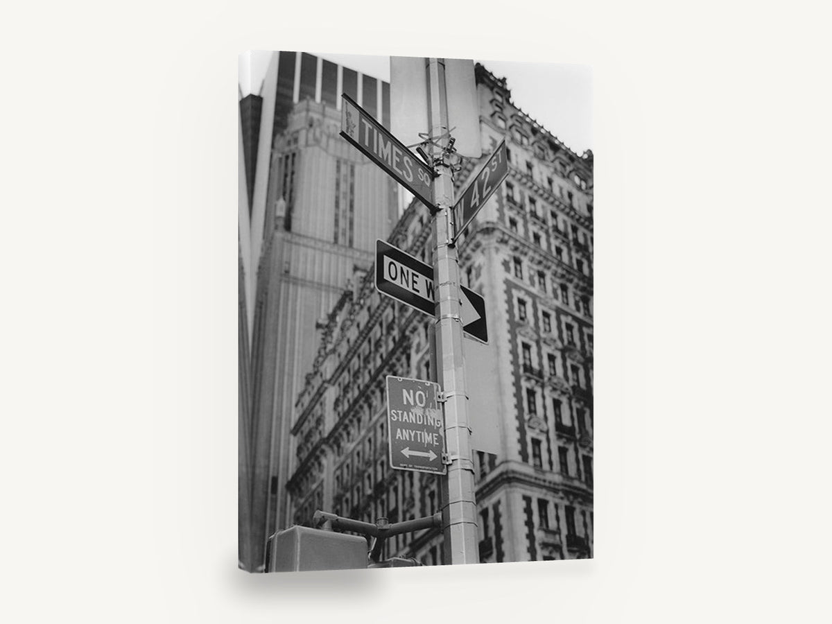 Times Square Corner Signs, times square street signs black and white photograph, city canvas wall art print ready to hang