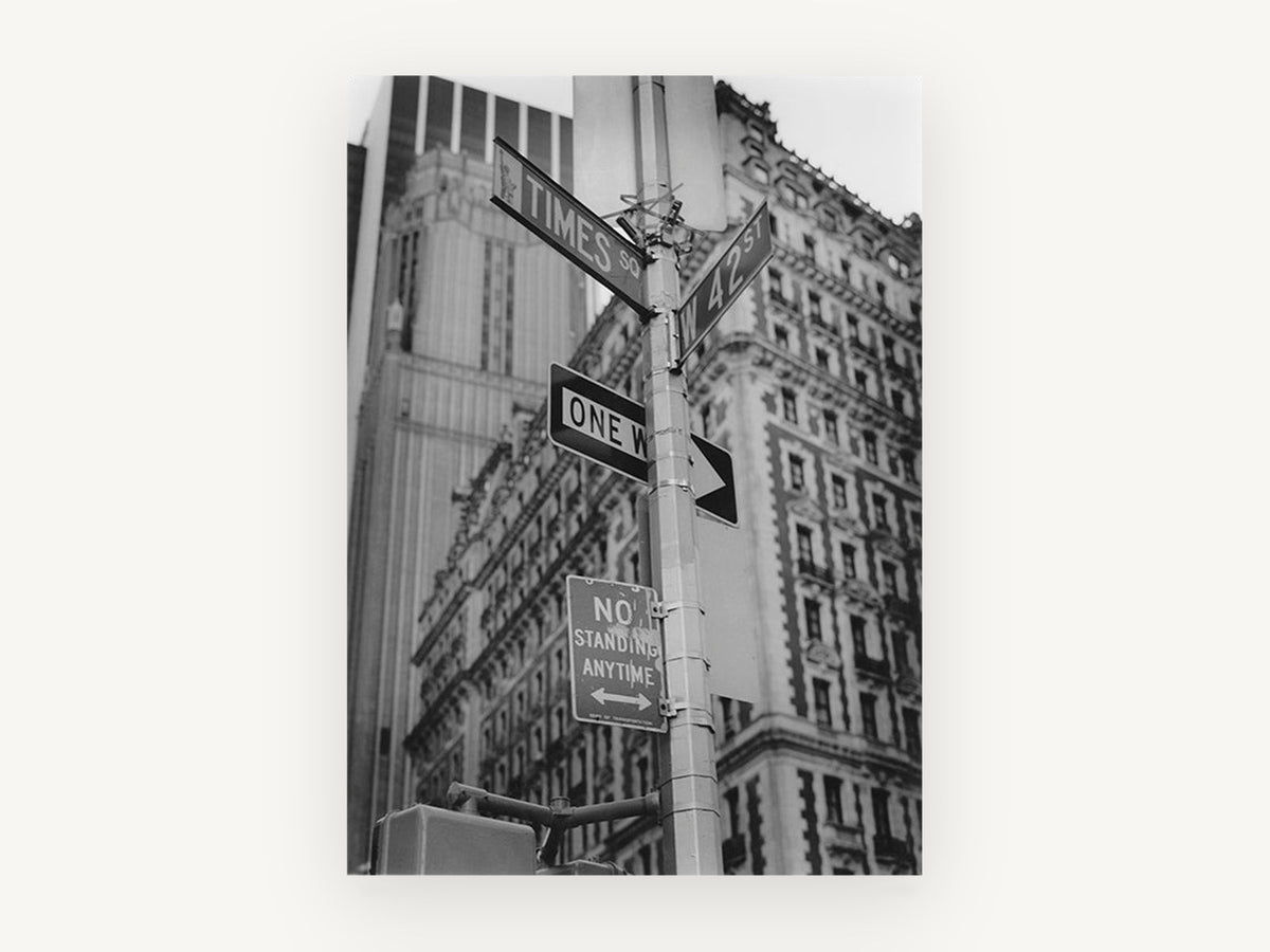 Times Square Corner Signs, times square street signs black and white photograph, city canvas wall art print, front view