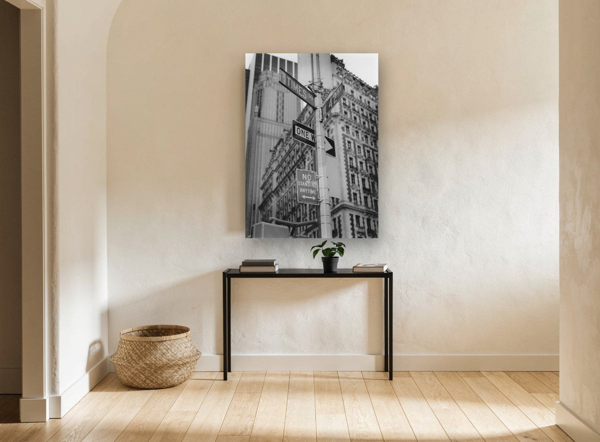 Times Square Corner Signs city canvas print on the wall of a hallway