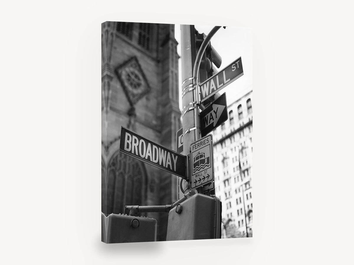 Broadway and Wall Street, broadway wall street sign black and white photograph, city canvas wall art print ready to hang