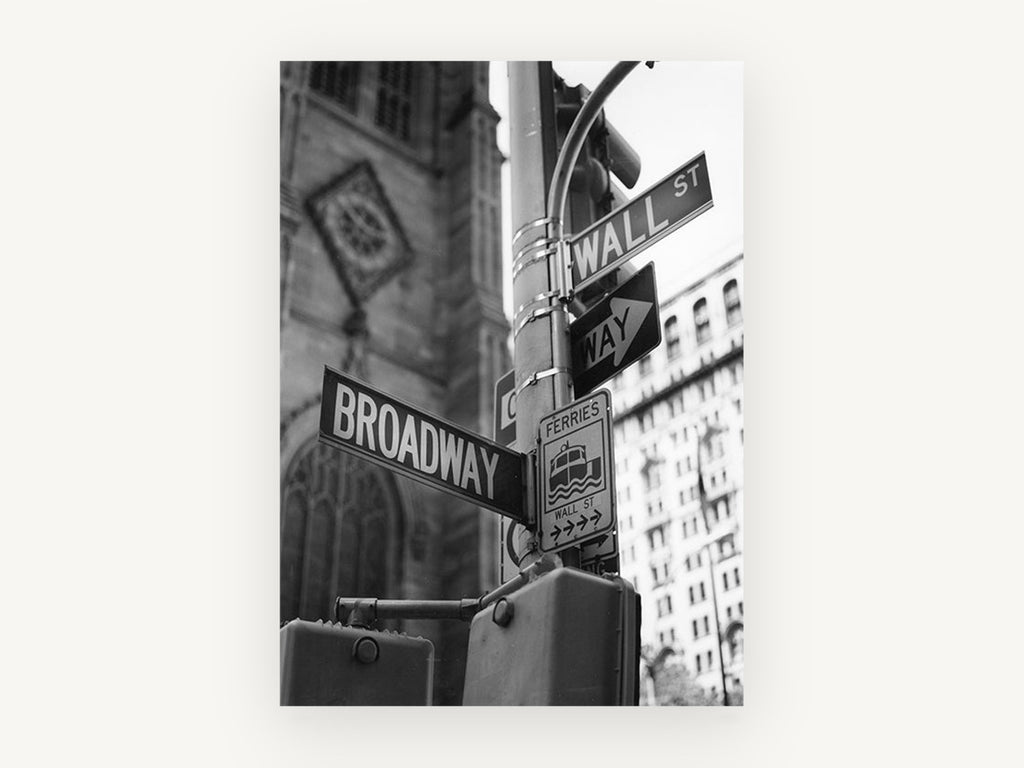 Broadway and Wall Street, broadway wall street sign black and white photograph, city canvas wall art print, front view