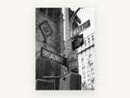 Broadway and Wall Street, broadway wall street sign black and white photograph, city canvas wall art print, front view