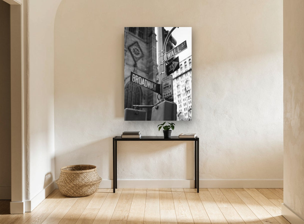 Broadway and Wall Street city canvas print on the wall of a hallway