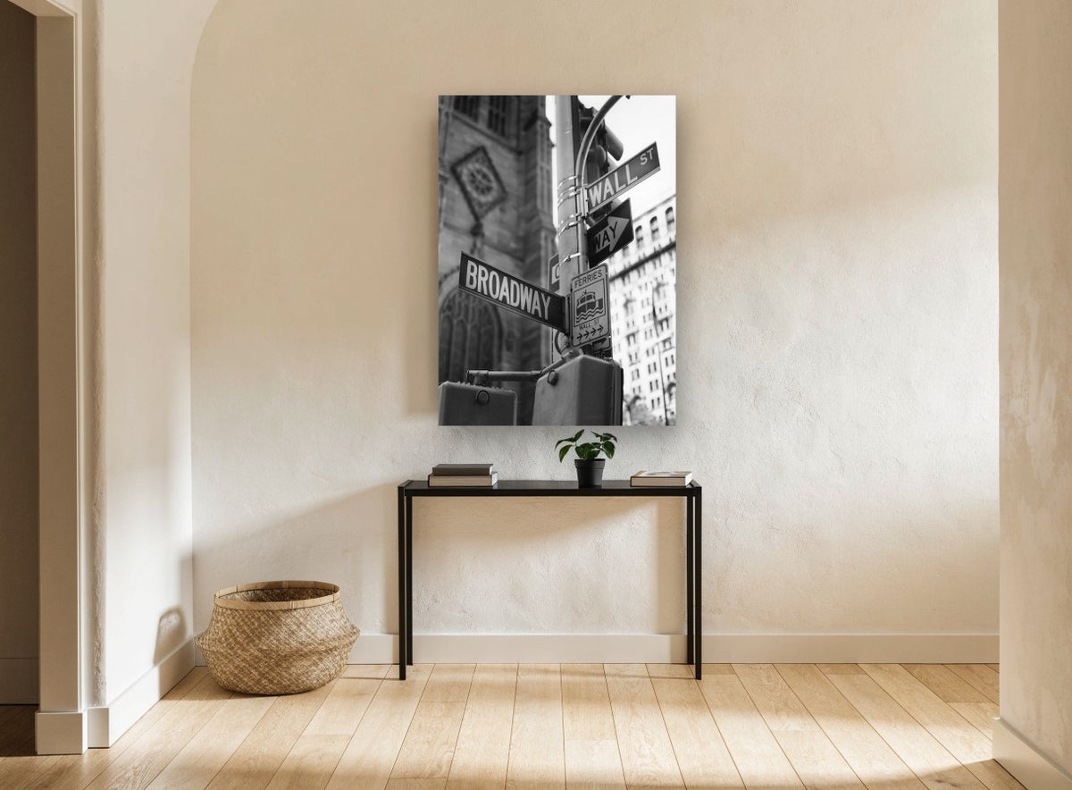 Broadway and Wall Street city canvas print on the wall of a hallway