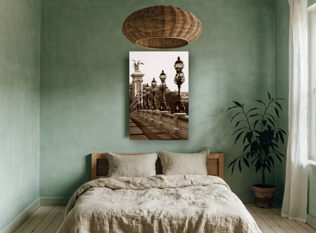 Sepia Lamps of the Bridge city canvas print on the wall of a bedroom