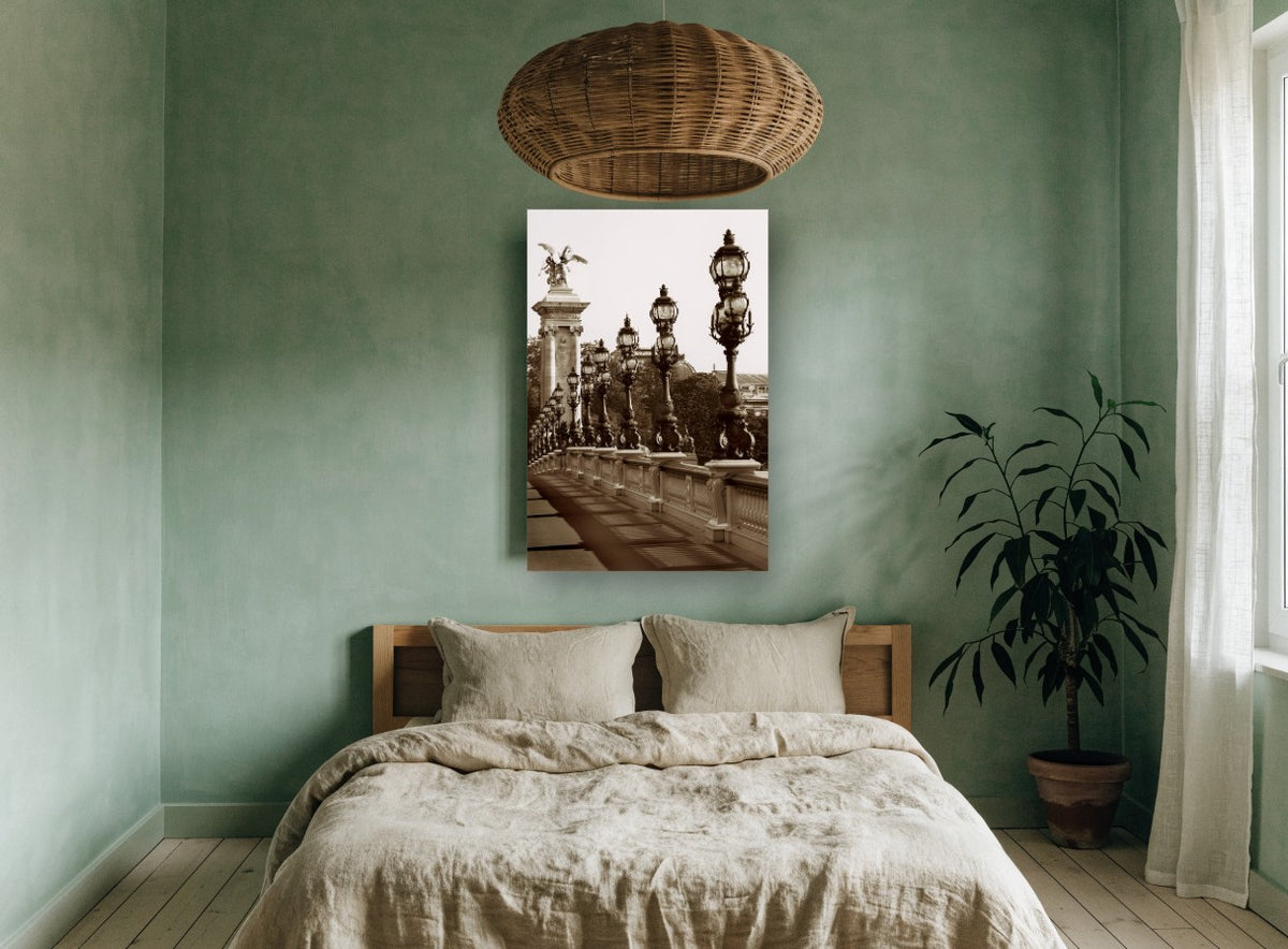 Sepia Lamps of the Bridge city canvas print on the wall of a bedroom