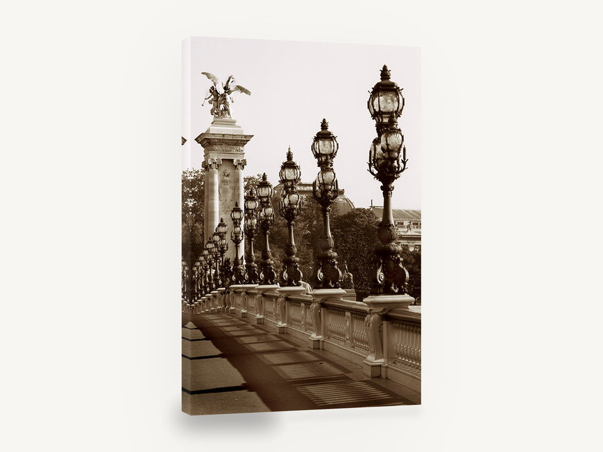 Sepia Lamps of the Bridge, paris bridge lamps sepia photograph, city canvas wall art print ready to hang