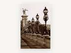 Sepia Lamps of the Bridge, paris bridge lamps sepia photograph, city canvas wall art print, front view