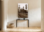 Sepia Lamps of the Bridge city canvas print on the wall of a hallway